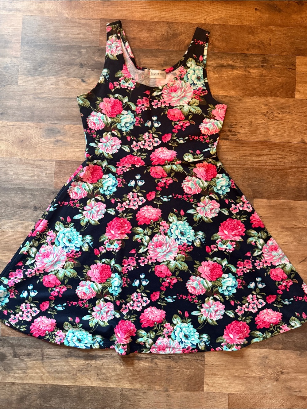 Sleeveless Floral Fit & Flare Mini Dress in Black with Pink & Aqua Blooms